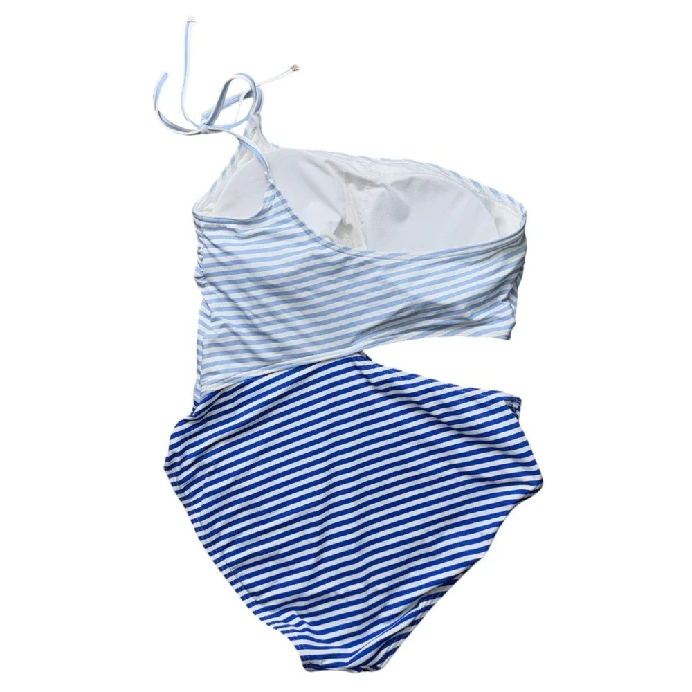 Kate Spade One Shoulder One Piece Swimsuit Large‎ Blue Ringmaster Stripe Cutout